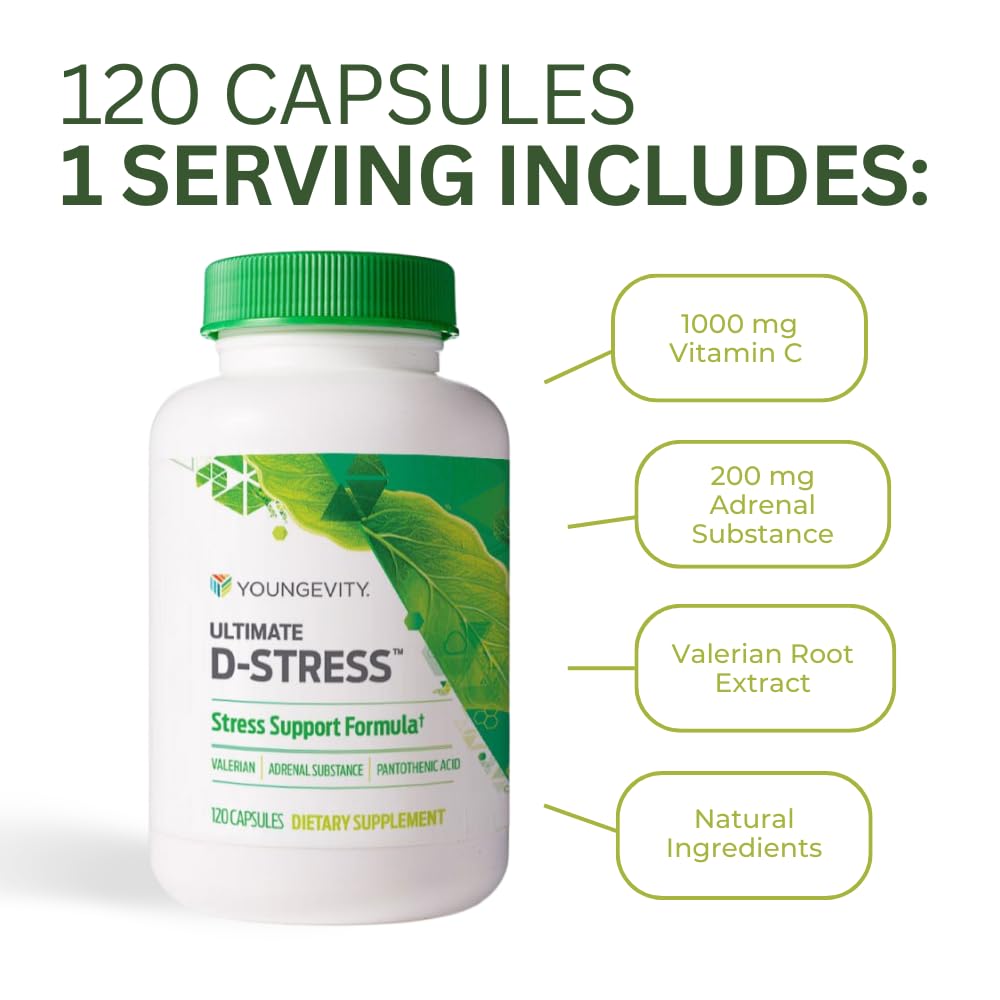 Youngevity Ultimate D-Stress™ – Natural Stress Relief Supplement with Magnesium, Valerian Root Extract, and B Vitamins – Supports Adrenal Health and Nervous System – 120 Capsules (Pack of 1) YoungevityBuy Supplements Australia