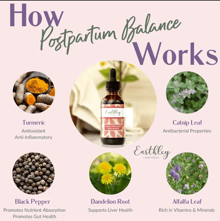 Earthley Wellness Postpartum Balance, Supports and Balances Female Hormones, Supports Postpartum Recovery, Smooths Out Mood Swings, Essential Herbs Like Dandelion Root, Catnip, & Alfalfa (2oz) Earthley WellnessBuy Supplements Australia