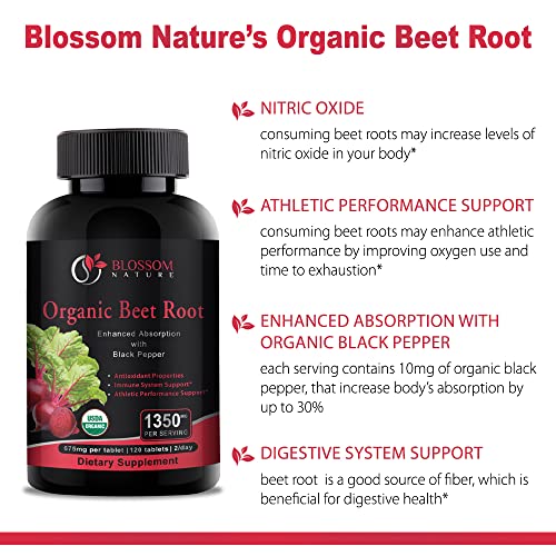 Organic Beet Root Powder 1350mg with Black Pepper-Nitric Oxide Booster, Digestive System, Athletic Performance-120 Tablets,675mg of Organic Beet Powder per Tablet