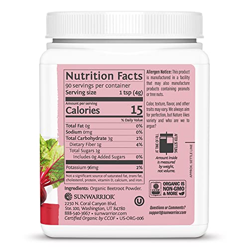 Sunwarrior Beet Root Powder Nitric Oxide Increase Stamina Blood and Flow Circulation Natural Non-GMO Keto Vegan Superfood for Smoothies Acai Pudding Baking 360g sq tub (90 Servings) Organic Harvest