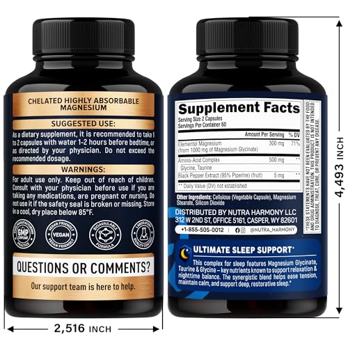 Magnesium Glycinate - Sleep & Relaxation Support - Extra Strength Glycinate, Glycine & Taurine 1500 mg - Magnesium Supplement for Women & Men - Chelated & High Absorption - Made in USA - 120 Capsules NUTRAHARMONYBuy Supplements Australia