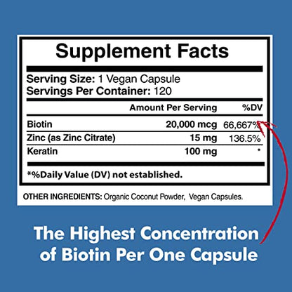 Biotin 20,000mcg with Keratin, Organic Coconut and Zinc, Hair Growth Supplements, Biotin American Standard SupplementsBuy Supplements Australia