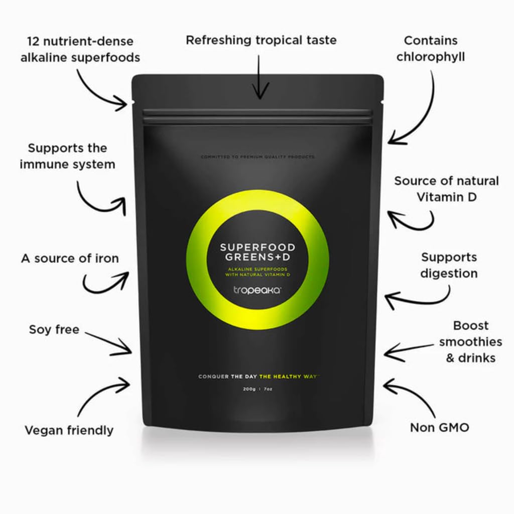 Tropeaka Superfood Greens + D - Antioxidant Green Powder for Energy, Immune System, & Gut Health, Rich in Chlorophyll & Essential Nutrients, Vitamin D, Vegan, Gluten Free, Non-GMO - 7oz (20 Servings) TropeakaBuy Supplements Australia