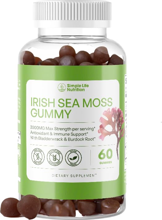 Simple Life Nutrition Organic Irish Sea Moss Gummies - Burdock Root and Bladderwrack Natural Blend - Immune System Gut Cleanse & Thyroid Supplement - Skin and Nail Health - 60CT Simple Life NutritionBuy Supplements Australia