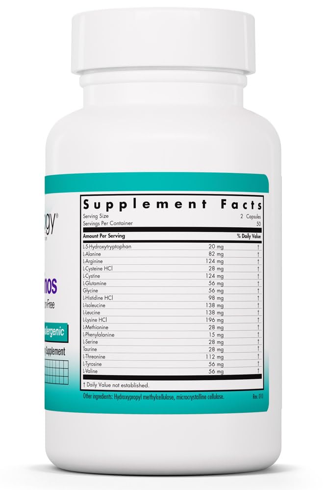Nutricology Free Aminos Supplement - Essential Amino Acids Complex, Lean Muscle Mass Support, Vegetarian Capsules - 100 Count Allergy Research GroupBuy Supplements Australia