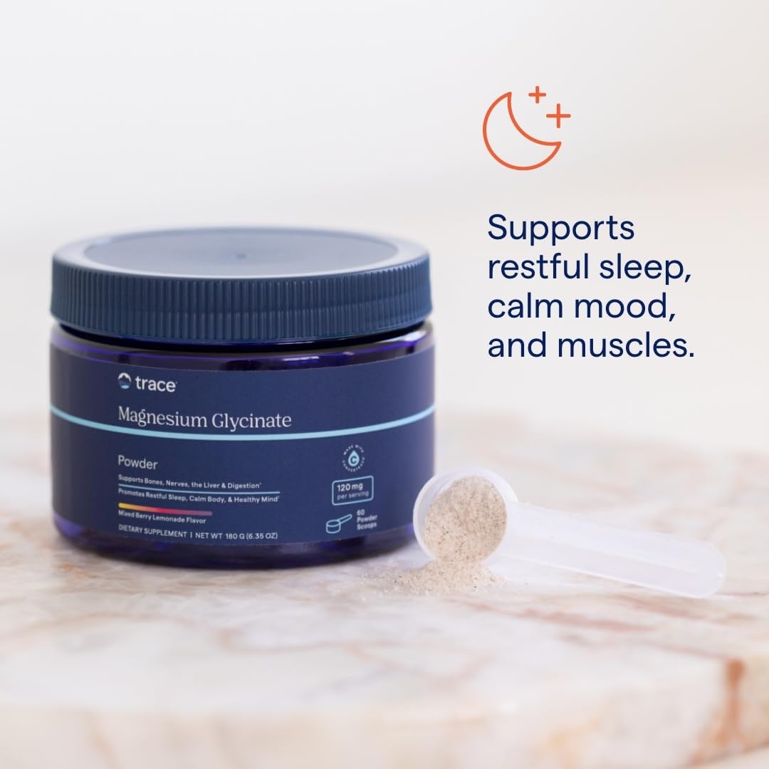 Trace Minerals Magnesium Glycinate Powder - Daily Magnesium Powder for Sleep Support - Calming Bedtime Drink - Natural & Gentle - Mixed Berry Lemonade - 180g (60 Servings) Trace MineralsBuy Supplements Australia