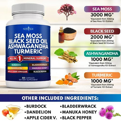 Silica Sea Moss 3000mg Black Seed Oil 2000mg Ashwagandha 1000mg Turmeric 1000mg NEW AGEBuy Supplements Australia