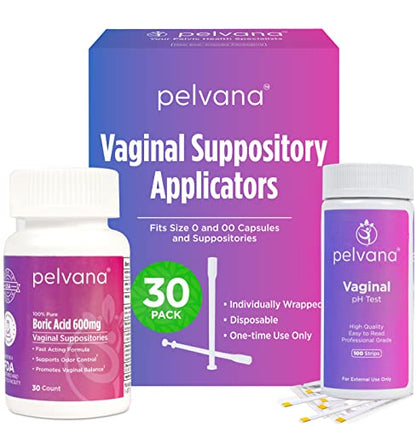 Pelvana Boric Acid Suppositories 30 + 30 Applicators + 100 pH Test Strips = 160 Piece 