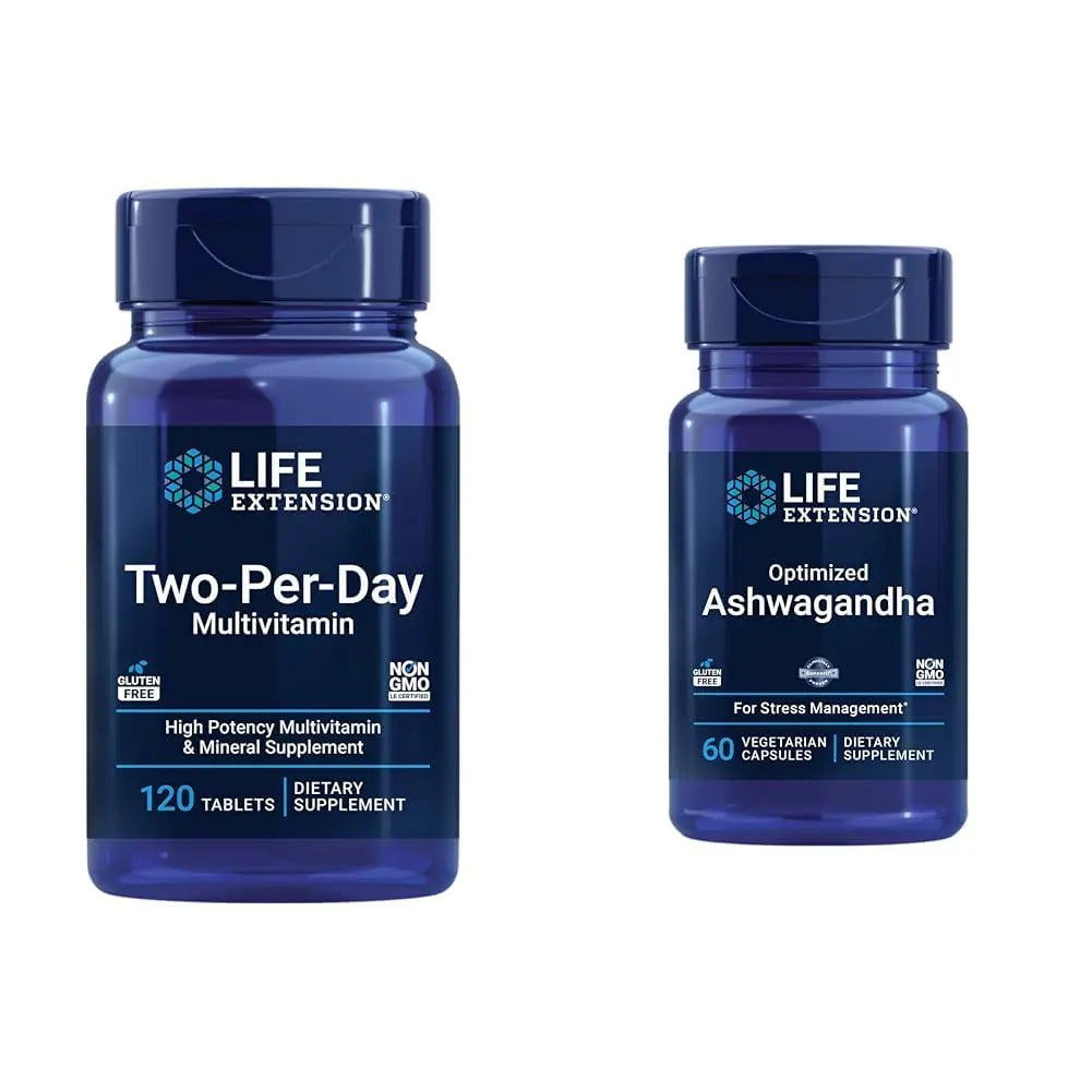 Life Extension Two-Per-Day 120 Tablet Multi-Vitamin & 60 Capsule Optimized Ashwagandha Stress Relief Supplement Bundle Life ExtensionBuy Supplements Australia