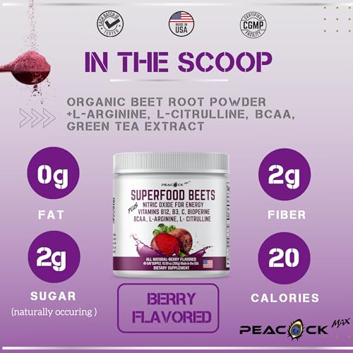 Peacock Max Superfoods Blend Immunity Support Vegan Gluten Free (Beets Nitric Oxide B12 Powder, 1 Pack)