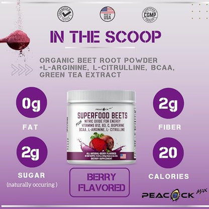 Peacock Max Superfoods Blend Immunity Support Vegan Gluten Free (Beets Nitric Oxide B12 Powder, 1 Pack)