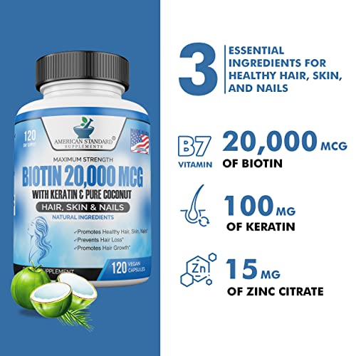 Biotin 20,000mcg with Keratin, Organic Coconut and Zinc, Hair Growth Supplements, Biotin American Standard SupplementsBuy Supplements Australia