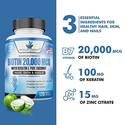 Biotin 20,000mcg with Keratin, Organic Coconut and Zinc, Hair Growth Supplements, Biotin American Standard SupplementsBuy Supplements Australia
