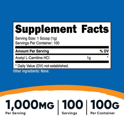 Nutricost Acetyl L-Carnitine (ALCAR) 100 Grams - 1000mg Per Serving - Non-GMO, Gluten Free NutricostBuy Supplements Australia