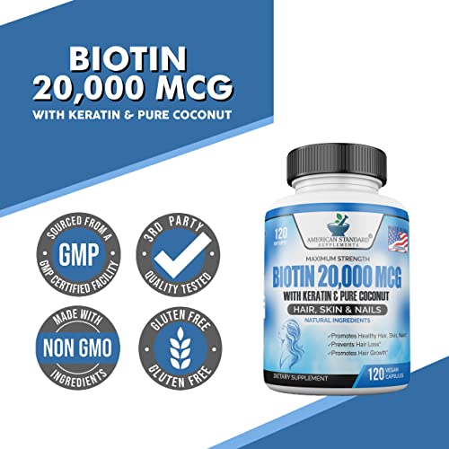 Biotin 20,000mcg with Keratin, Organic Coconut and Zinc, Hair Growth Supplements, Biotin American Standard SupplementsBuy Supplements Australia