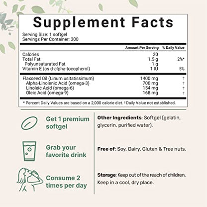 Flaxseed Oil 1400mg Softgels, 300 Counts | w/ 700mg ALA Omega 3, Cold Pressed Micro IngredientsBuy Supplements Australia