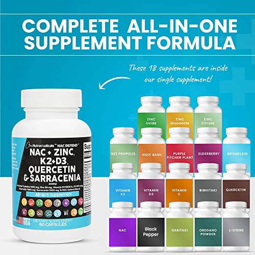 NAC Supplement N-Acetyl Cysteine 1000mg Vitamin D3 K2 Zinc Quercetin