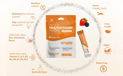 Go Wise On The Go Multivitamin Powder, 14 Vegan Daily Vitamin Packets for Men & Women, Natural Berry Flavor Go Wise
