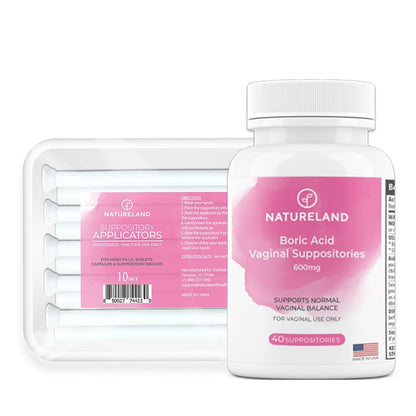 Natureland [40 Count Boric Acid Suppositories 600mg w/ [10 Pack] Vaginal Applicator - Feminine Care