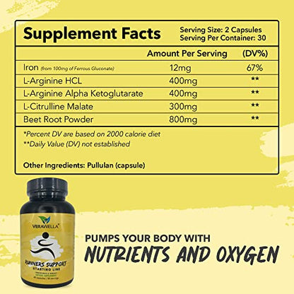 VeraWella - Runners Support Starting Line, Nitric Oxide Booster with L-Arginine, L Citrulline Malate, & Beet Root Powder, Supports Optimal Blood Flow, Endurance and Stamina, 60 Capsules