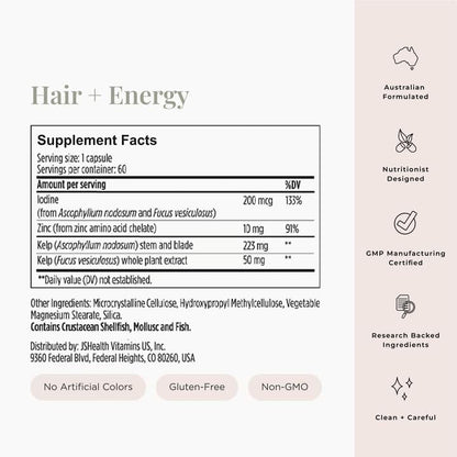 JSHealth Hair Growth Vitamins for Women. Hair + Energy with Kelp Iodine and Zinc. Supports Thickness, Strength, Energy. Nutritionist-Formulated (60 Capsules) JSHealthBuy Supplements Australia