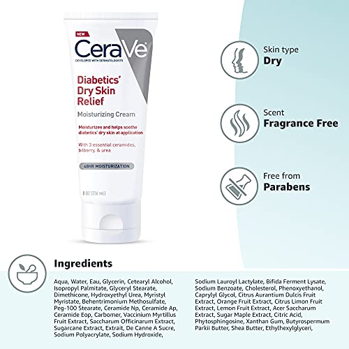 CeraVe Moisturizing Cream for Diabetics’ Dry Skin, Urea Cream with Bilberry for Face and Body, Fragrance Free