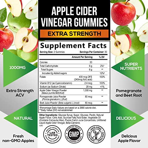 Vegan Apple Cider Vinegar Gummies | Max Strength 1000mg | ACV Supplement Gummy for Adults Health Nutrition NaturalsBuy Supplements Australia