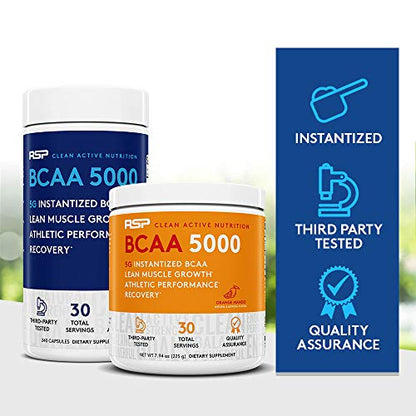 RSP BCAA 5000 (30 Serv), Premium BCAA Capsules for Post Workout Muscle Recovery, Endurance & Energy, 5g of Essential Branched Chain Amino Acids Per Serving (Packaging May Vary)