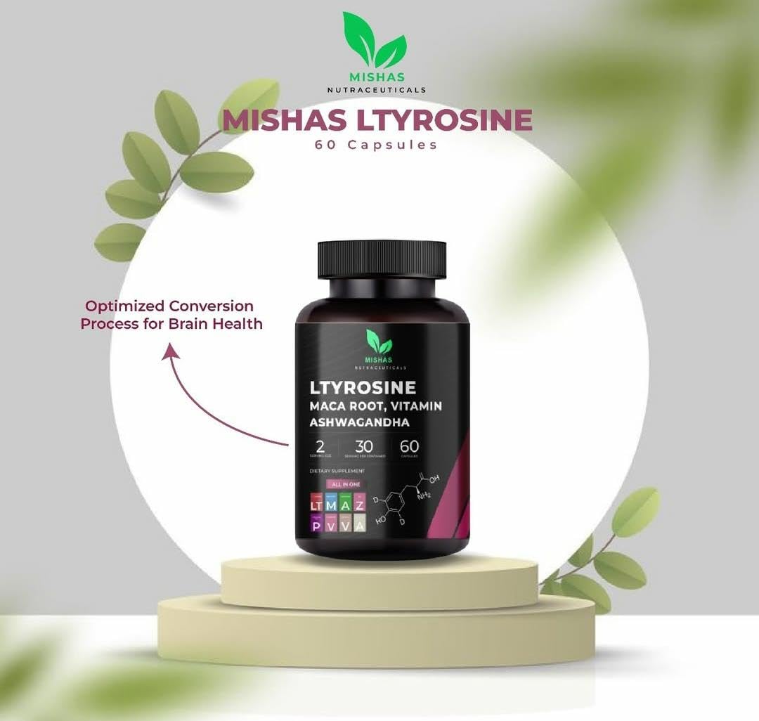 Mishas Nutraceuticals L-Tyrosine with Maca Root, Ashwagandha & Vitamins Complex – Energy, Mental Focus, Stress Relief & Immunity Support – 60 Capsules (30 Servings) MishasBuy Supplements Australia