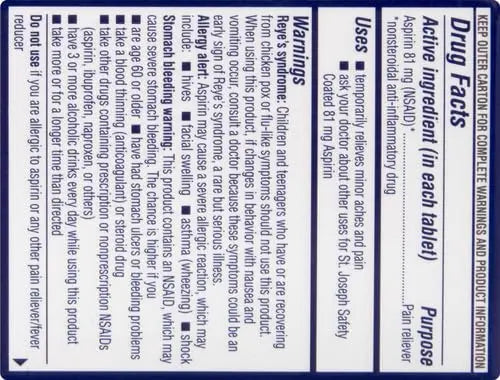 St. Joseph Aspirin Pain Reliever (NSAID) 81mg, Enteric Safety Coated, Adult Low Dose Regimen, 36 ct St. JosephBuy Supplements Australia