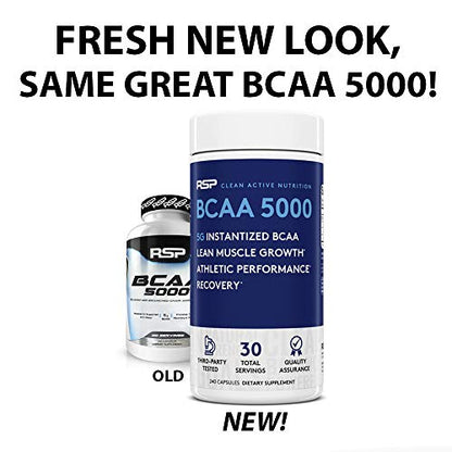 RSP BCAA 5000 (30 Serv), Premium BCAA Capsules for Post Workout Muscle Recovery, Endurance & Energy, 5g of Essential Branched Chain Amino Acids Per Serving (Packaging May Vary)