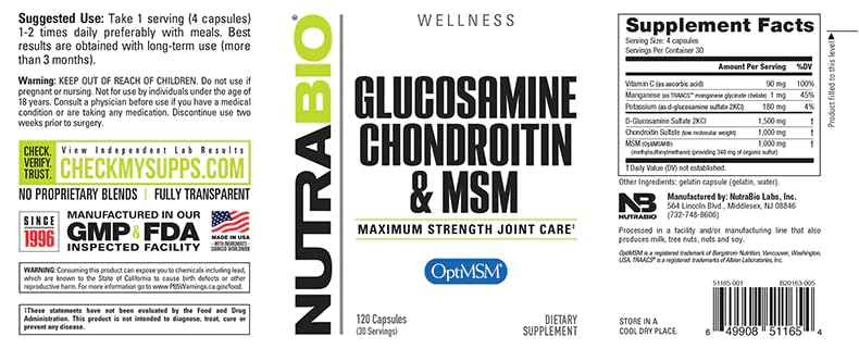 NutraBio Glucosamine Chondroitin & OptiMSM Supplement, Joint Support Formula - 120 Capsules (120 Count) NutraBioBuy Supplements Australia
