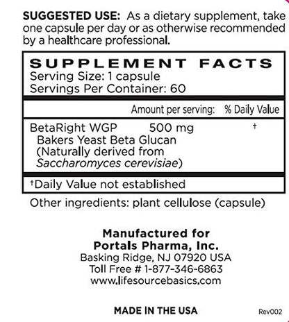 Life Source Basics Immune System Support Activator - High Purity Beta 1,3/1,6 Glucan - Immunity and Vitamin Supplement Non-GMO & Vegan Friendly for Men & Women, Gluten-Free 500 mg - 60 Capsules L LIFE SOURCE BASICSBuy Supplements Australia