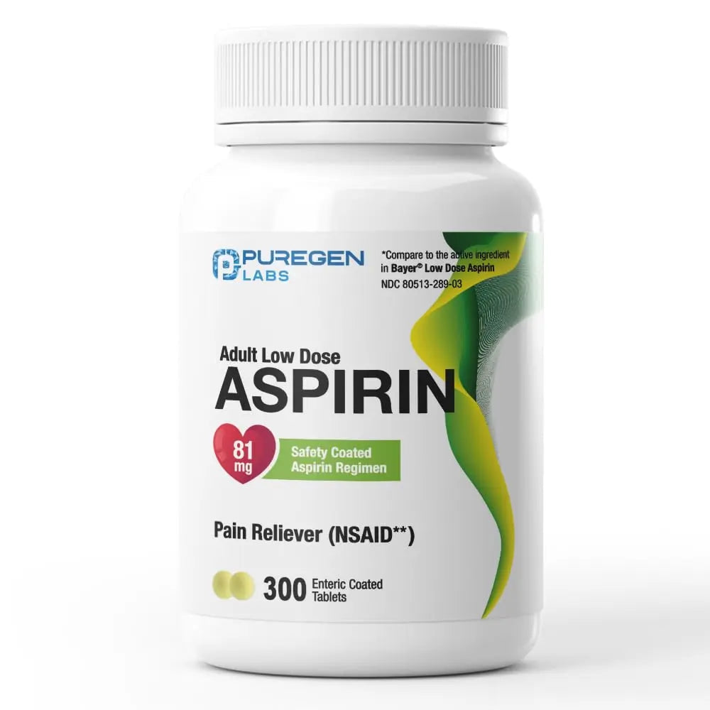 Puregen Labs Aspirin 81 mg Low Dose (NSAID) – 300 Enteric Coated Tablets P Puregen LabsBuy Supplements Australia