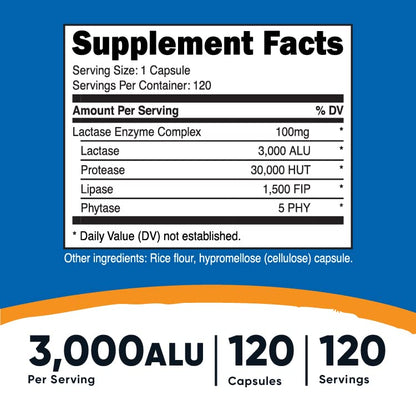 Nutricost Lactase Enzyme Complex 3,000 FCC ALU, 120 Vegetarian Capsules - Non-GMO NutricostBuy Supplements Australia
