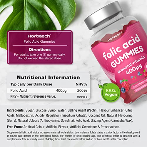 Folic Acid Gummies 400 mcg | 90 Count | Natural Berry Flavour | High Strength Prenatal HorbäachBuy Supplements Australia