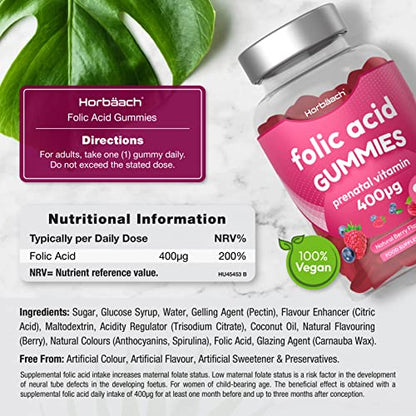 Folic Acid Gummies 400 mcg | 90 Count | Natural Berry Flavour | High Strength Prenatal HorbäachBuy Supplements Australia