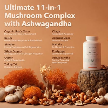 USDA Organic Lions Mane Supplement Capsules with Ashwagandha, Chaga, Reishi, Cordyceps Etta VitaBuy Supplements Australia