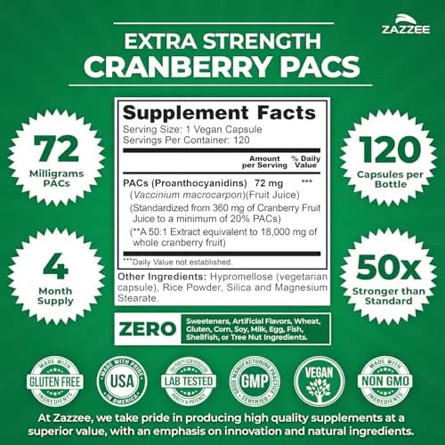 Zazzee Cranberry PACs, 72 mg PACs per Capsule, 2X Strength, 100% Soluble, 120 Vegan Capsules, 50:1 Extract, 18,200 mg Strength, Fast-Acting, Effective Urinary Tract Support, Made in The USA ZazzeeBuy Supplements Australia