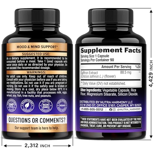 Natural Saffron Supplements - Pure Saffron Extract 88.5 mg - Made in USA - Mood | Focus | Vision | Energy Support - Eye Health for Women & Men - NonGMO Vegan Pills - 90 Powder Capsules, 3 Month Supply NUTRAHARMONYBuy Supplements Australia