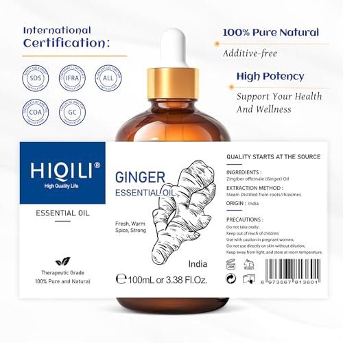 HIQILI Pure Ginger Essential Oil 3.38 Fl Oz, Pure Natural Premium Ginger Oil for Massage HIQILIBuy Supplements Australia