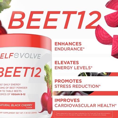 selfevolve Beet12 - Organic Beet Root Powder Enhanced with Vitamin B12, Nitric Oxide Booster, Beet Juice Powder Support Natural Energy, Beet Powder with Black Cherry Flavor, 30 Servings