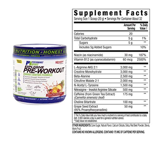 PERFORMANCE INSPIRED Nutrition Pre-Workout Powder - Contains Citrulline - Nitrosigine - Green Tea - All Natural - 1.49 lb - Tropical Fruit Punch