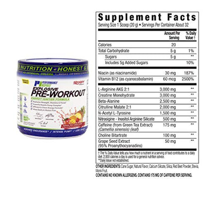 PERFORMANCE INSPIRED Nutrition Pre-Workout Powder - Contains Citrulline - Nitrosigine - Green Tea - All Natural - 1.49 lb - Tropical Fruit Punch