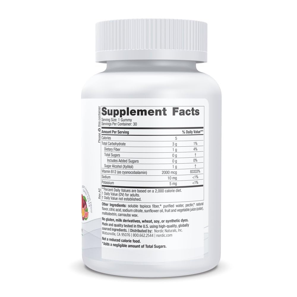 Nordic Naturals Zero Sugar Vitamin B12 Gummies - 2000 mcg Vitamin B12 per Gummy, Passion Fruit Guava Flavor - 30 Gummies, Essential Nutrient Support for Energy Production and Brain Health, 30 Servings Nordic NaturalsBuy Supplements Australia
