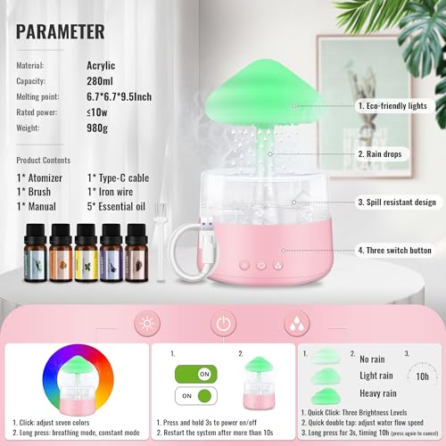 Rain Cloud Humidifier Water Drip with 5 Essential Oils, Cloud Diffuser with 7 Changing Colors Night Lights EvCZenBuy Supplements Australia