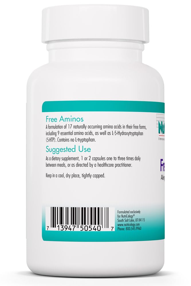 Nutricology Free Aminos Supplement - Essential Amino Acids Complex, Lean Muscle Mass Support, Vegetarian Capsules - 100 Count Allergy Research GroupBuy Supplements Australia