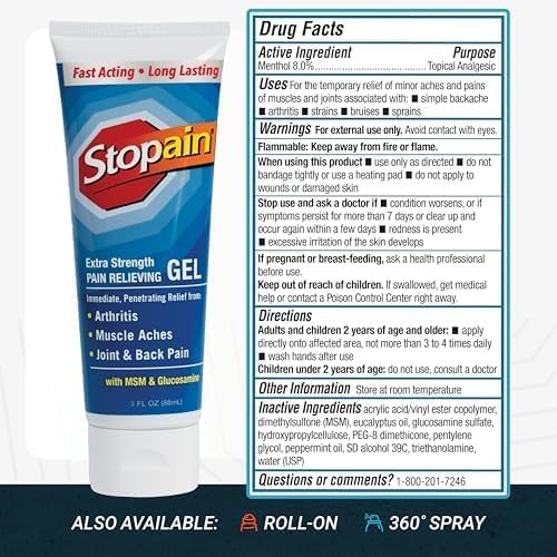 Stopain Pain Relief Gel 3oz USA Made, Max Strength Fast Acting with MSM, Glucosamine, Menthol for Arthritis, Lower Back Sciatica, Knee, Neck, HSA FSA Approved Topical Analgesic Products StopainBuy Supplements Australia