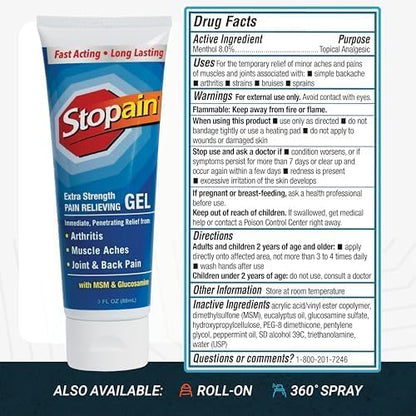 Stopain Pain Relief Gel 3oz USA Made, Max Strength Fast Acting with MSM, Glucosamine, Menthol for Arthritis, Lower Back Sciatica, Knee, Neck, HSA FSA Approved Topical Analgesic Products StopainBuy Supplements Australia