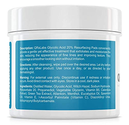 QRxLabs Glycolic Acid 20% Resurfacing Pads for Face & Body with Vitamins B5 QRxLabsBuy Supplements Australia